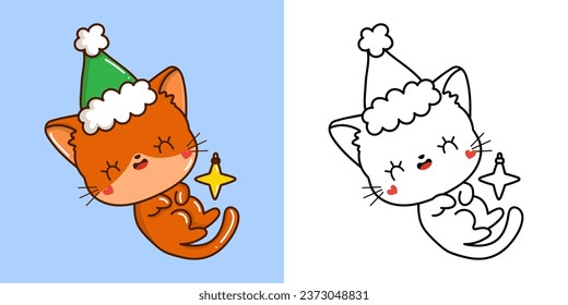 Cute Christmas Red Cat Clipart Illustration and Black and White. Funny Clip Art Christmas Kitty. Cute Vector Illustration of a Kawaii Animal for Christmas Stickers. 