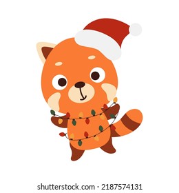 Cute Christmas red panda with garland on white background. Cartoon animal character for kids cards, baby shower, invitation, poster, t-shirt composition, house interior. Vector stock illustration