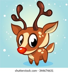 Cute Christmas red reindeer Rudolph vector illustration snowy background