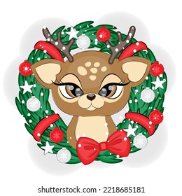 Cute Christmas reindeer with Advent wreath, vector illustration