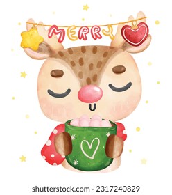 Cute Christmas reindeer animal with ornaments hanging friom antlers holding chocolate cup, cartoon animal character watercolour hand drawing vector illustration