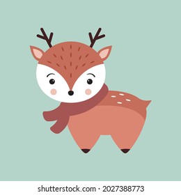 Un reno navideño. Venado bebé con bufanda. Divertido animal de bosque de bosques. Antecedentes de Navidad y Año Nuevo. Ilustración vectorial de dibujos animados 