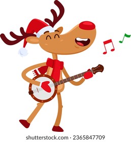 Cute Christmas Reindeer Cartoon Character Is Singing And Playing The Banjo. Vector Illustration Flat Design Isolated On Transparent Background