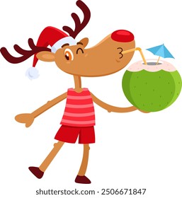 Cute Christmas Reindeer Cartoon Character Drinking Coconut Cocktail On The Beach. Vector Illustration Flat Design Isolated On Transparent Background