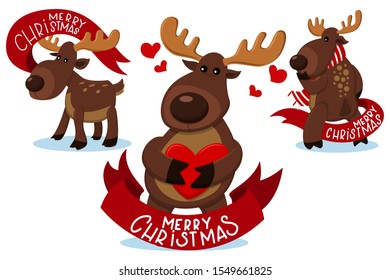 Cute Christmas reindeer characters with red ribbon banner. Funny deer vector cartoon set isolated on a white background.