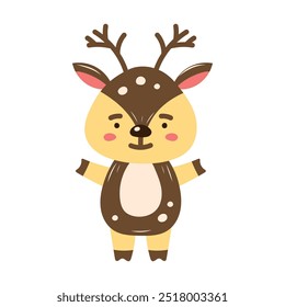 Cute Christmas reindeer in childrens style. Arms to the sides. Isolated element for design of cards, patterns, banners. Christmas and New Year character. Vector illustration.