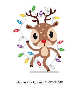 Cute Christmas reindeer with colorful fairy lights, cartoon vector illustration isolated on white background. eps10 illustration
