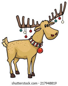 Cute Christmas reindeer, elk, with decorations, vector illustration