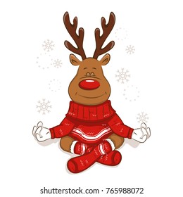 A cute Christmas reindeer is engaged in yoga. Meditates. Lotus pose It's is wearing a warm knitted sweater and socks with ornament. Isolated. Vector for your design.