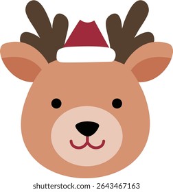 Cute Christmas Reindeer Face Clipart isolated.
Winter Deer Head with Santa Hat cartoon.
Christmas Deer Face Flat Vector Illustration design.
Transparent background.
