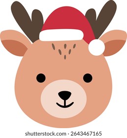 Cute Christmas Reindeer Face Clipart isolado.
Cabeça de cervo de inverno com desenho de Santa Hat.
Christmas Deer Face Flat Vetor Illustration design.
Fundo transparente.
