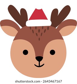 Cute Christmas Reindeer Face Clipart isolado.
Cabeça de cervo de inverno com desenho de Santa Hat.
Christmas Deer Face Flat Vetor Illustration design.
Fundo transparente.
