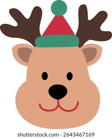 Cute Christmas Reindeer Face Clipart isolado.
Cabeça de cervo de inverno com desenho de Santa Hat.
Christmas Deer Face Flat Vetor Illustration design.
Fundo transparente.
