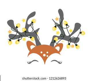 Cute Christmas reindeer face vector  Funny cartoon deer and decorative lights 