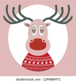 Cute Christmas reindeer face vector. Deer Head cartoon. Deer Smyle. Vector illustration of Caricature Deer 