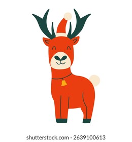 Cute Christmas reindeer. Festive cartoon character in Santa hat and bell. Xmas design element for greeting cards, social media, posters, banners. Vector illustration in flat style