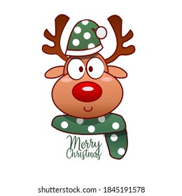 Cute Christmas Reindeer with green hat - cartoon deer with horns - Merry Christmas background card Flat design Vector illustration isolated