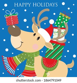 Cute christmas reindeer for greeting card. gift bag or box design