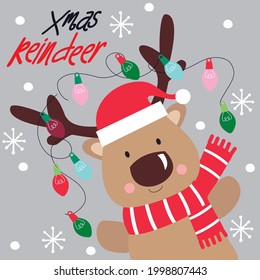 Cute christmas reindeer for christmas greeting card, gifrt bag or box design