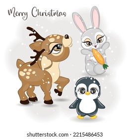 Cute Christmas reindeer hare and penguin vector illustration