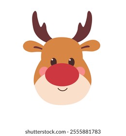 Cute Christmas reindeer head with red nose on isolated white background.Vector illustration cartoon flat style.