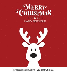 Cute Christmas reindeer on a red background. Christmas background, banner, or card.