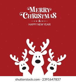 Cute Christmas reindeer on a red background. Christmas background, banner, or card.