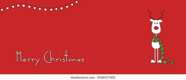 Cute Christmas reindeer on a red background. Christmas background, banner, or card. Vector Unique Xmas design.