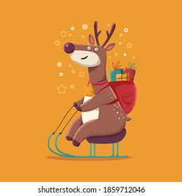 Cute Christmas reindeer on sleigh vector cartoon character isolated on background.