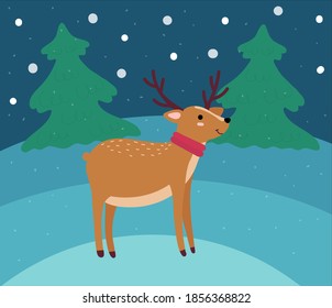 Cute Christmas reindeer with opened eyes and red scarf in winter forest. Christmas trees. Funny hand drawn animal with light brown dots and black hooves. Vector illustration