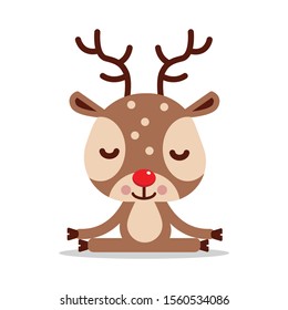 Cute Christmas reindeer practices yoga and meditates in the lotus position - stressless christmas. Vector illustration