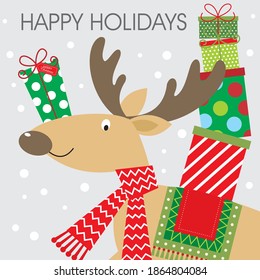 Cute christmas reindeer and presents for greeting card, christmas gift bag or box design