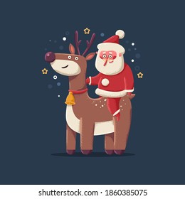 Cute Christmas reindeer with Santa Claus vector cartoon character isolated on background.