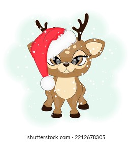 Cute Christmas reindeer in a Santa hat vector illustration