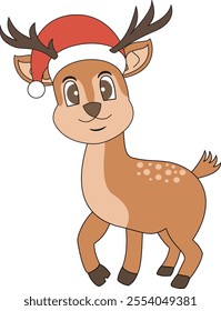 Cute Christmas Reindeer with Santa Hat - Festive Vector Illustration
