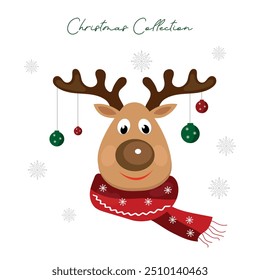 Cute Christmas reindeer with scarf and Christmas balls