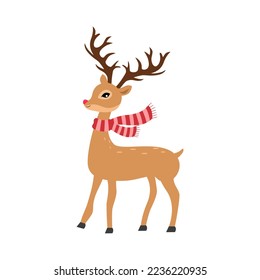 Cute Christmas reindeer with scarf in flat design on white background.