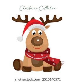 Cute Christmas reindeer with scarf and Christmas hat