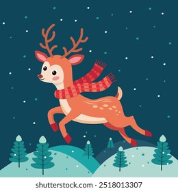 A cute Christmas reindeer in a scarf.  The vector illustration symbolizes Christmas and New Year. It can be used in web design, social media, printing and as a greeting card
