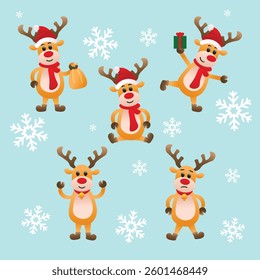 cute christmas reindeer seamless pattern with snowflakes. festive cartoon design featuring santa hat reindeer in playful poses. perfect for holiday wrapping, cards, fabric, and digital projects