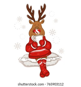 Cute Christmas reindeer sits. It's holds a mug with hot tea in his hands. From the mug there is steam. It's is wearing a warm knitted sweater and socks with ornament. Isolated. Vector for your design.