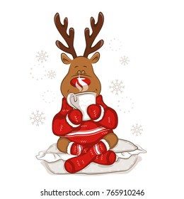 Cute Christmas reindeer sits. It holds a mug with hot tea in his hands. From the mug there is steam. It's is wearing a warm knitted sweater and socks with ornament. Isolated. Vector for your design.