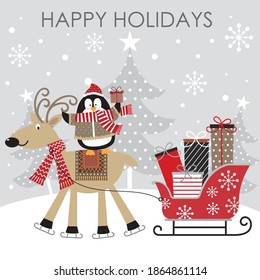 Cute christmas reindeer, sleigh and penguin for greeting card, chistmas gift bag or box design