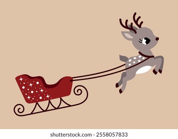 Cute Christmas reindeer with sleigh for presents. Reindeer with sleigh flying to Santa Claus at the North Pole. Christmas winter New Year