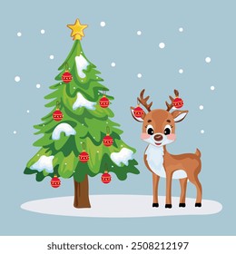 Cute Christmas reindeer standing next to a Christmas tree decorated with bright balls and golden star New Year card Character and symbol of winter,  illustration on isolated background