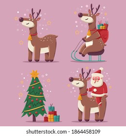 Cute Christmas reindeer vector cartoon characters set isolated on background.