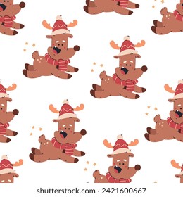 Cute Christmas reindeer vector cartoon seamless pattern background for wallpaper, wrapping, packing, and backdrop.