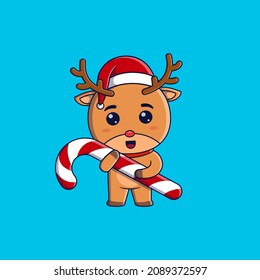 Cute christmas reindeer wearing christmas hat and scarf hugging candy