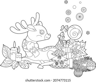 Cute Christmas reindeer. Winter holiday decoration. Black and white elements. Traditional festive balls for season design. Hand drawn illustration in zentangle style for children and adults, tattoo.