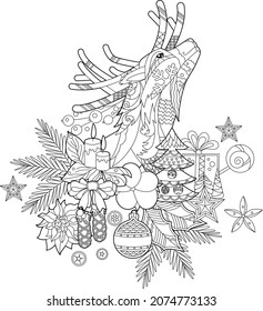 Cute Christmas reindeer. Winter holiday decoration. Black and white elements. Traditional festive balls for season design. Hand drawn illustration in zentangle style for children and adults, tattoo.